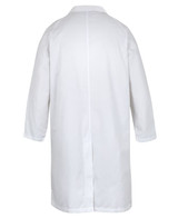 A white dust coat with long sleeves and a back vent, designed for use in food industry settings.