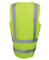 A bright lime work vest with reflective grey stripes and a simple design, featuring a logo on the back.