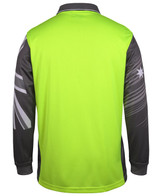 A long-sleeved polo shirt in bright green with dark grey accents and a logo.