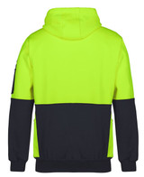 A high-visibility hoodie in bright yellow and black, featuring a hood and a logo on the sleeve.
