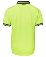A back view of a short-sleeved, high-visibility yellow polo shirt with contrasting black details and a logo.