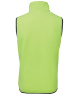 A high-visibility lime green work vest with black trim, featuring a stand-up collar and no sleeves.