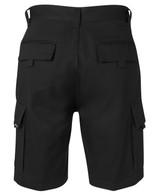 Black cargo shorts featuring multiple pockets and a waistband with loops, showcasing a plain back view.