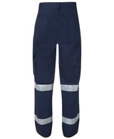 Navy work pants featuring reflective tape, designed for safety and comfort, with various pockets and a logo.