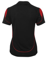 A women's polo shirt in black with red accents, featuring a logo on the back.