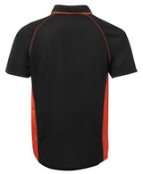 A black polo shirt with orange accents and a logo, featuring a classic collared design and short sleeves.