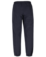 Track pants in dark navy with an elastic waist and cuffs, featuring a back pocket and a logo.