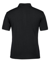 A black polo shirt featuring a collar and short sleeves, with a logo on the back.