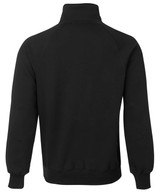 A black jumper featuring a full zip, high collar, and raglan sleeves, with elbow patches.