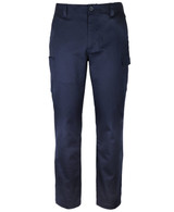 A pair of navy cargo pants featuring multiple pockets and a fitted design. The pants have a logo on them.