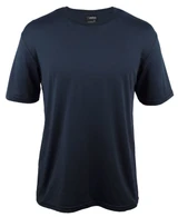 A navy blue t-shirt with short sleeves and a round neckline, featuring a branding logo.