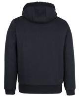 A dark navy hoodie with a sherpa-lined hood, featuring a plain back design and elasticised cuffs and hem.