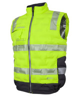 A bright yellow and black puffer vest featuring reflective stripes and a logo. Suitable for outdoor use.