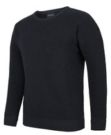 A black knitted crew neck jumper with long sleeves and ribbed detailing. It features a branding logo on the neck.