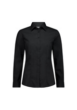 A black long sleeve women's shirt with a collared neck and button-up front, featuring a logo.