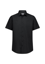 A black short sleeve shirt with a classic fit and button-down front. It features a collar and has a logo.