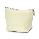 A medium cosmetic bag in a soft yellow shade with a silver zip and branded logo.