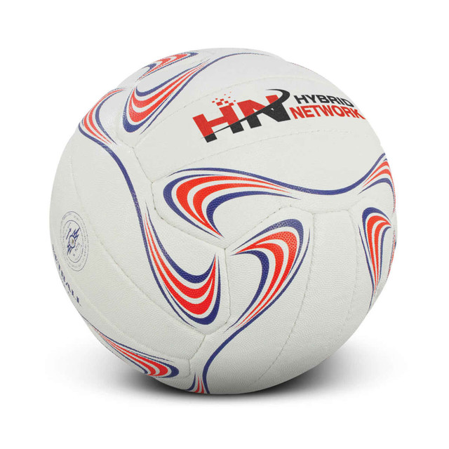 A netball featuring a white surface with red and blue swirl patterns and a logo.