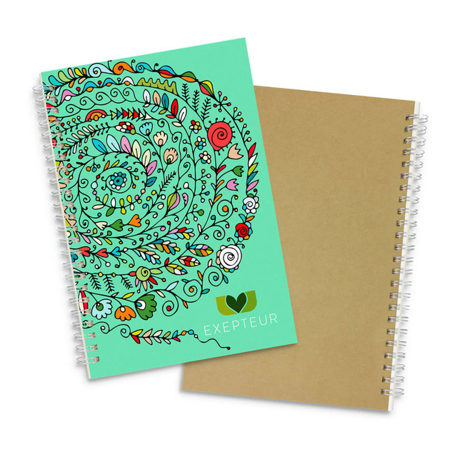 A medium-sized notebook with a vibrant turquoise cover featuring intricate floral designs and a plain kraft back.