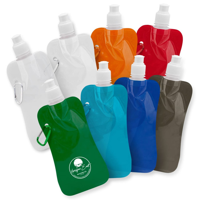 A drink bottle in various colours, including white, orange, red, green, blue, and grey, featuring a logo and a carabiner.