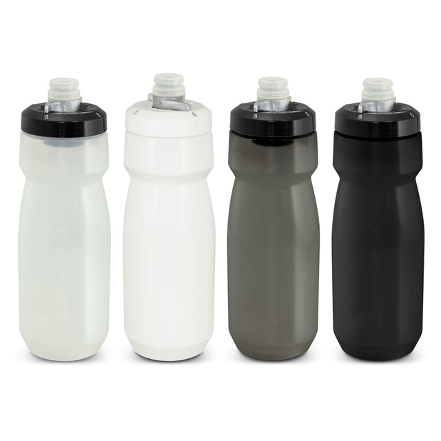 A drink bottle collection in clear, white, grey, and black, featuring a top spout and a logo.