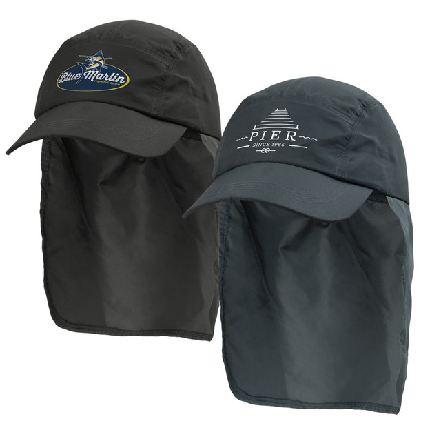 Two Legionnaire hats in dark grey, featuring neck flaps and distinct logos on the front of each.