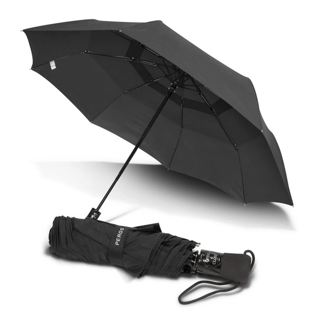 A black Metropolitan Umbrella, opened fully, with a folded version displayed next to it. It features a logo.