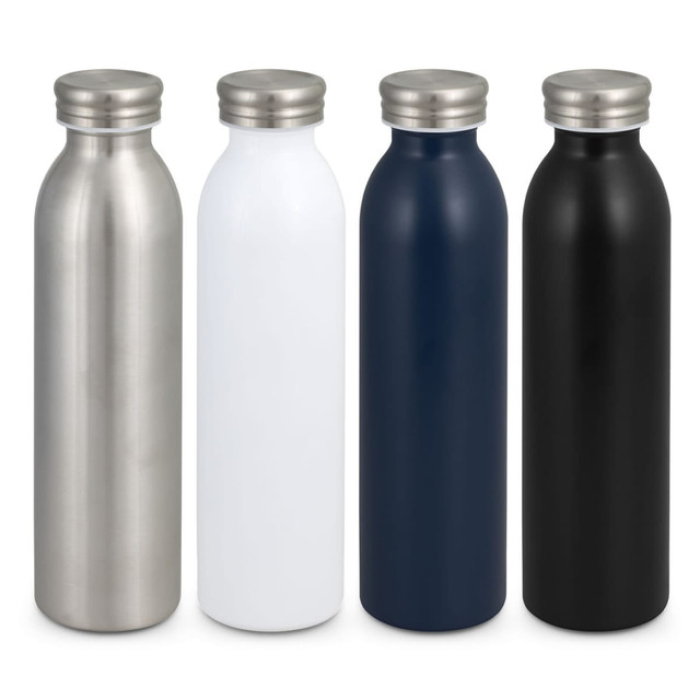 A drink bottle collection featuring stainless steel, white, navy, and black colours, each with a metal cap and a logo.