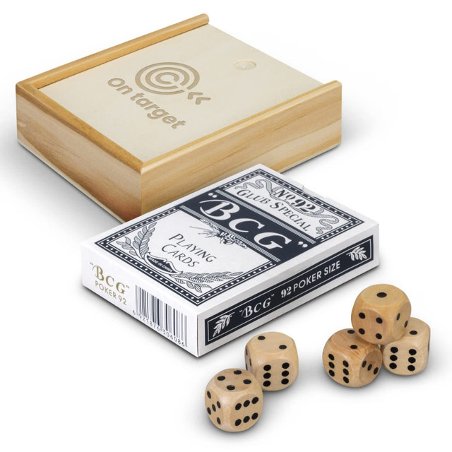 A wooden box containing a deck of playing cards and five wooden dice, featuring a light-coloured finish.