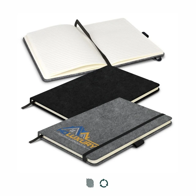A grey felt hard cover notebook with an elastic band, featuring an open and closed view. It has a logo on the cover.