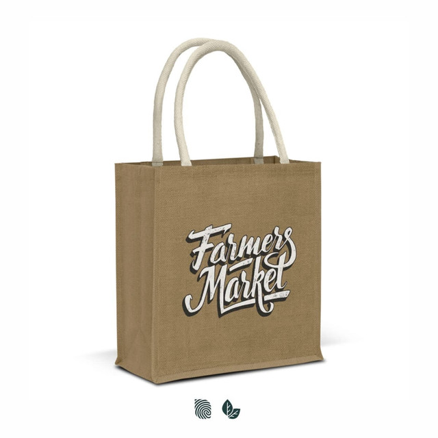 A jute tote bag in tan with white handles and a logo featuring "Farmers Market."