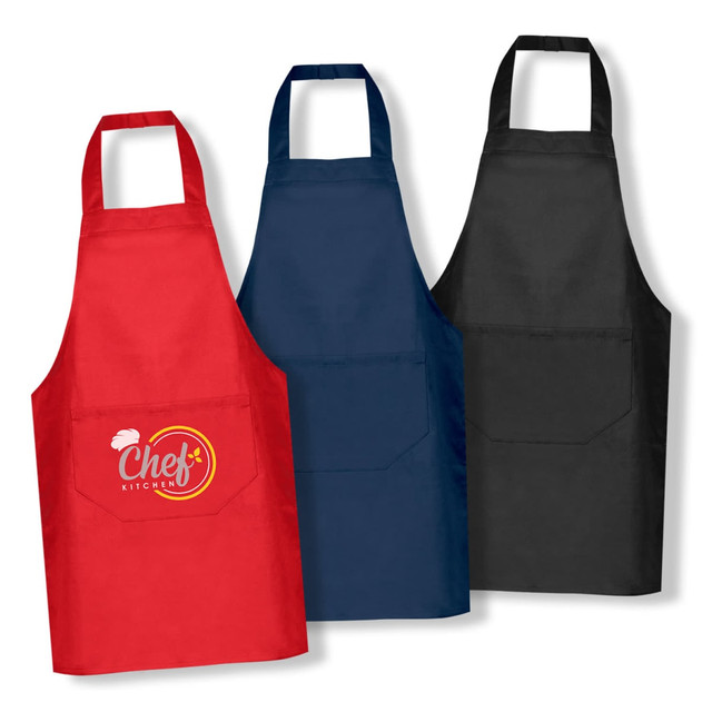 Three aprons in red, navy, and black, featuring a logo on the front pocket.