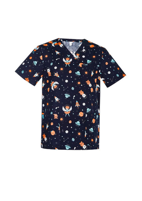 A navy scrub top featuring a fun space-themed print with planets, astronauts, and stars. It includes a logo.