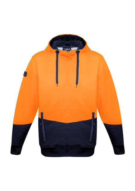 A unisex hi-vis textured jacquard hoodie in bright orange and navy, featuring a front pouch and a logo on the sleeve.