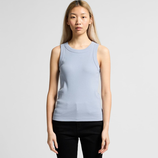 A light blue rib tank top with a fitted design, featuring a round neckline and no sleeves. It has a logo present.