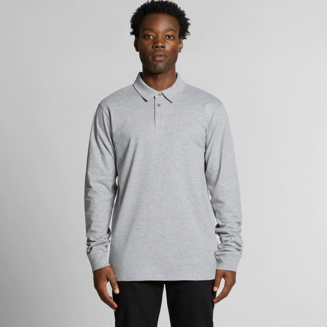 A long-sleeve grey polo shirt with a collar and buttons, featuring a logo on the chest.