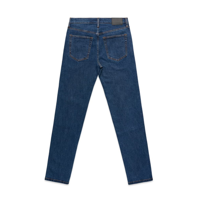 A pair of blue standard jeans featuring a sleek back design and two rear pockets. The jeans have a logo on the waistband.