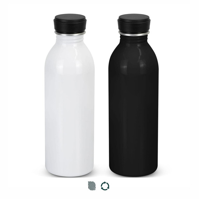 A drink bottle featuring a sleek design in matte black and glossy white, with a metal screw-on lid and a logo.
