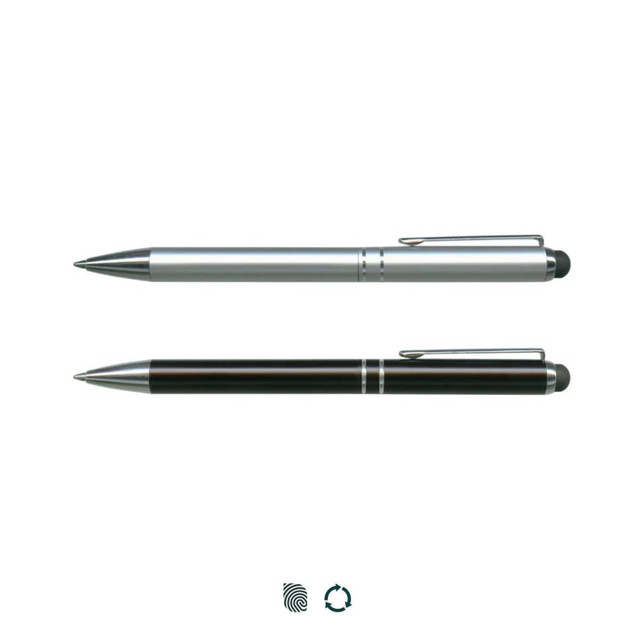 Two stylus pens are displayed, one silver and one black, each featuring a clip and a logo.