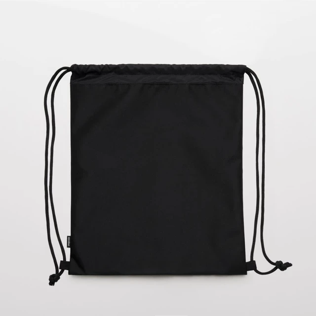 A black drawstring bag made from recycled materials, featuring a simple design and a logo.