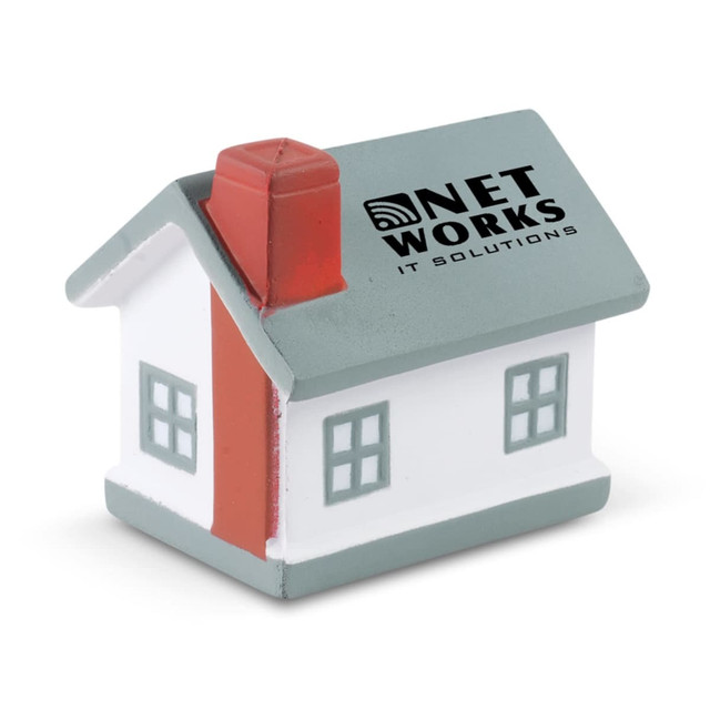 A small stress house toy in grey, red, and white, featuring a logo on its roof.