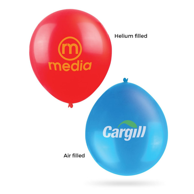 Two 30cm balloons: one red and helium-filled, and one blue and air-filled, each featuring a logo.