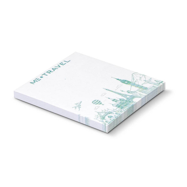 A white sticky pad with a design featuring travel motifs, measuring 70 x 75mm and containing 50 sheets.