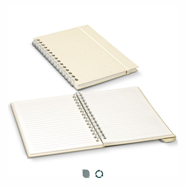 A beige recycled paper spiral notebook with a textured cover and lined pages, featuring a logo on the front.
