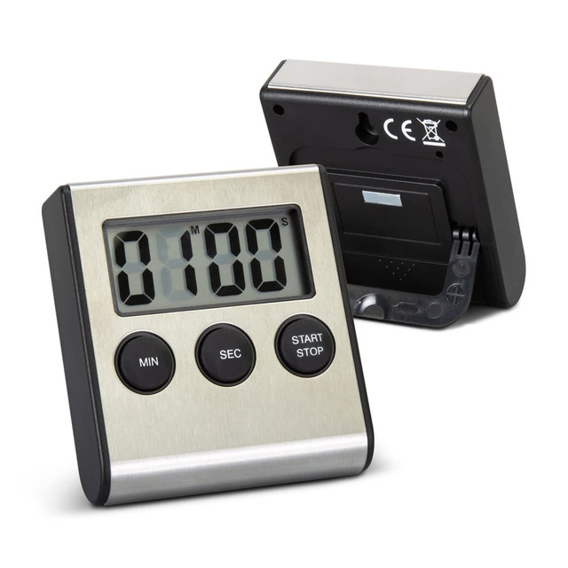 A silver and black digital kitchen timer featuring a large display and three control buttons.