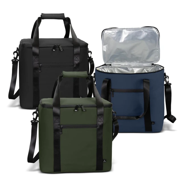 A set of three soft-touch cooler bags in black, navy blue, and olive green, featuring handles and adjustable straps.