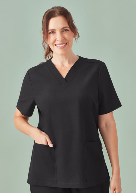 A black women's V-neck scrub top featuring short sleeves and two front pockets, with a logo displayed.