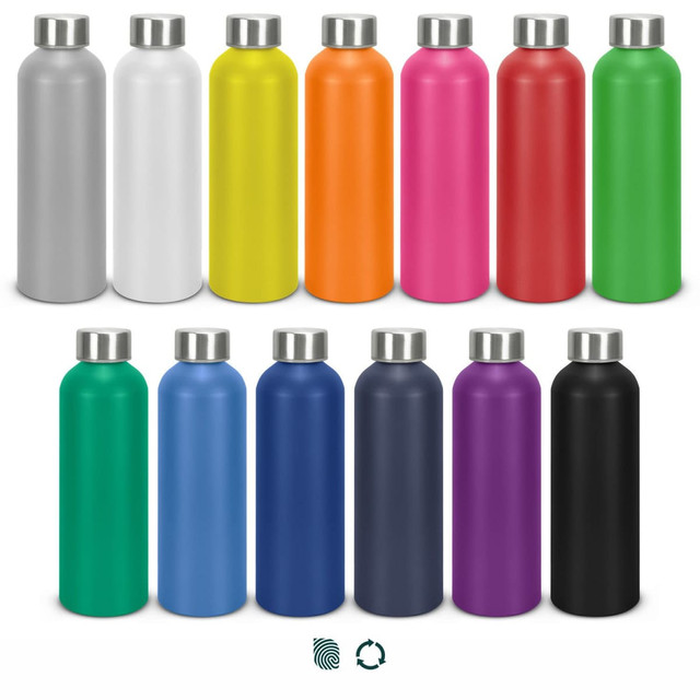 A drink bottle collection featuring various colours, including silver, white, yellow, orange, pink, green, blue, black, and purple, with metal tops.