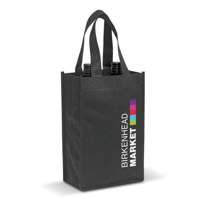 A black tote bag designed to hold two wine bottles, featuring sturdy handles and a logo.