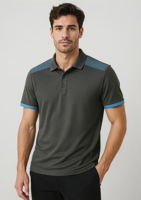 A men's short sleeve polo in dark grey with blue accents on the shoulders and sleeves, featuring a logo.